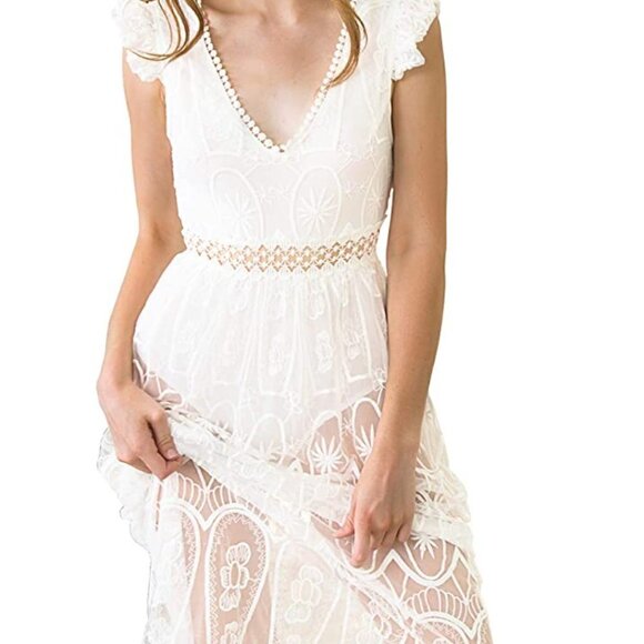 NEW White Bridal Lace Up Ruffle Sleeveless Beach Dress Size Small - Picture 3 of 9